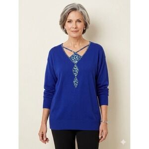 Bob Mackie Wearable Art Pullover Sweater Womens Plus Size 2X Blue Beaded Sequins